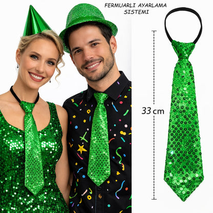 Yeşil Renk Pul Payetli Işıltılı Parti Kravatı 33 cm (5643)