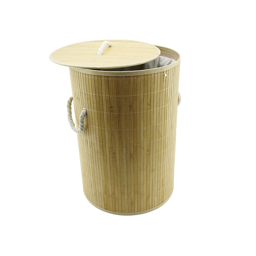 YUVARLAK BAMBU AHŞAP KİRLİ ÇAMAŞIR SEPETİ 35X60CM SEYYAR KAPAKLI İÇİ BEZLİ İP KULPLU (5643)